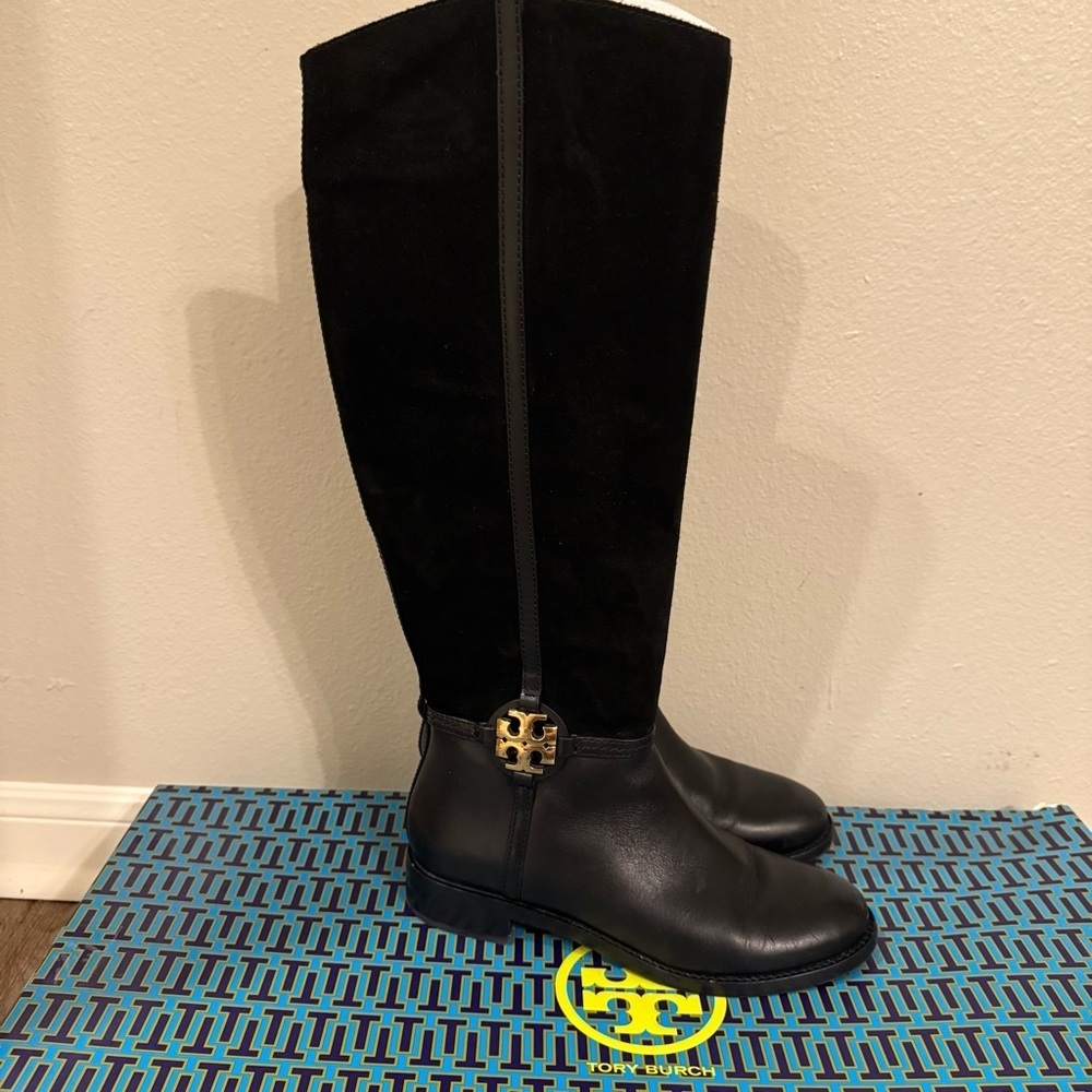 Tory Burch 25mm Miller Suede Leather Boot Size 8 M Black Gold Riding Designer